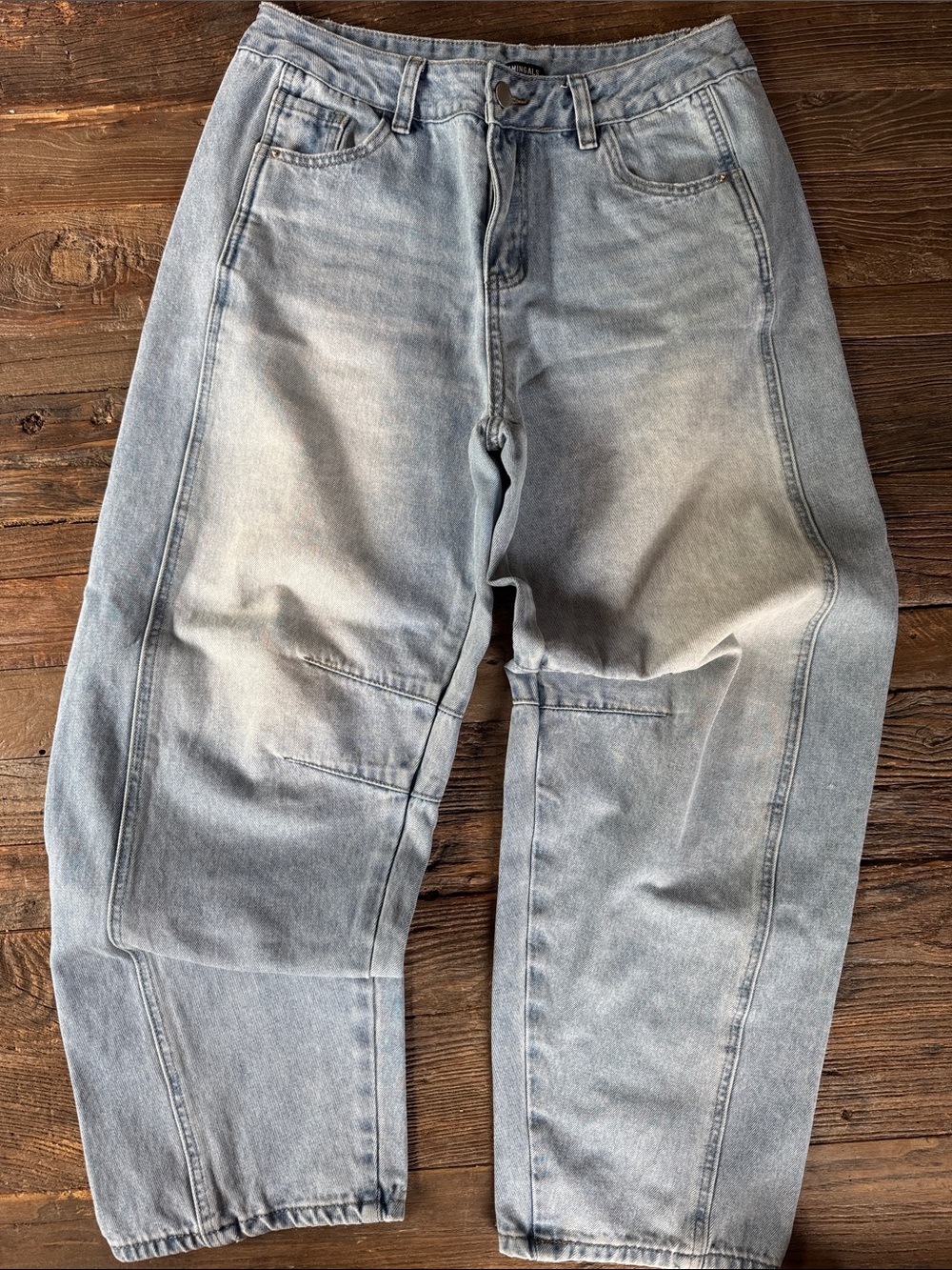 Flamingals light wash factory fade denim barrel bow leg jeans EUC size L - Picture 2 of 6